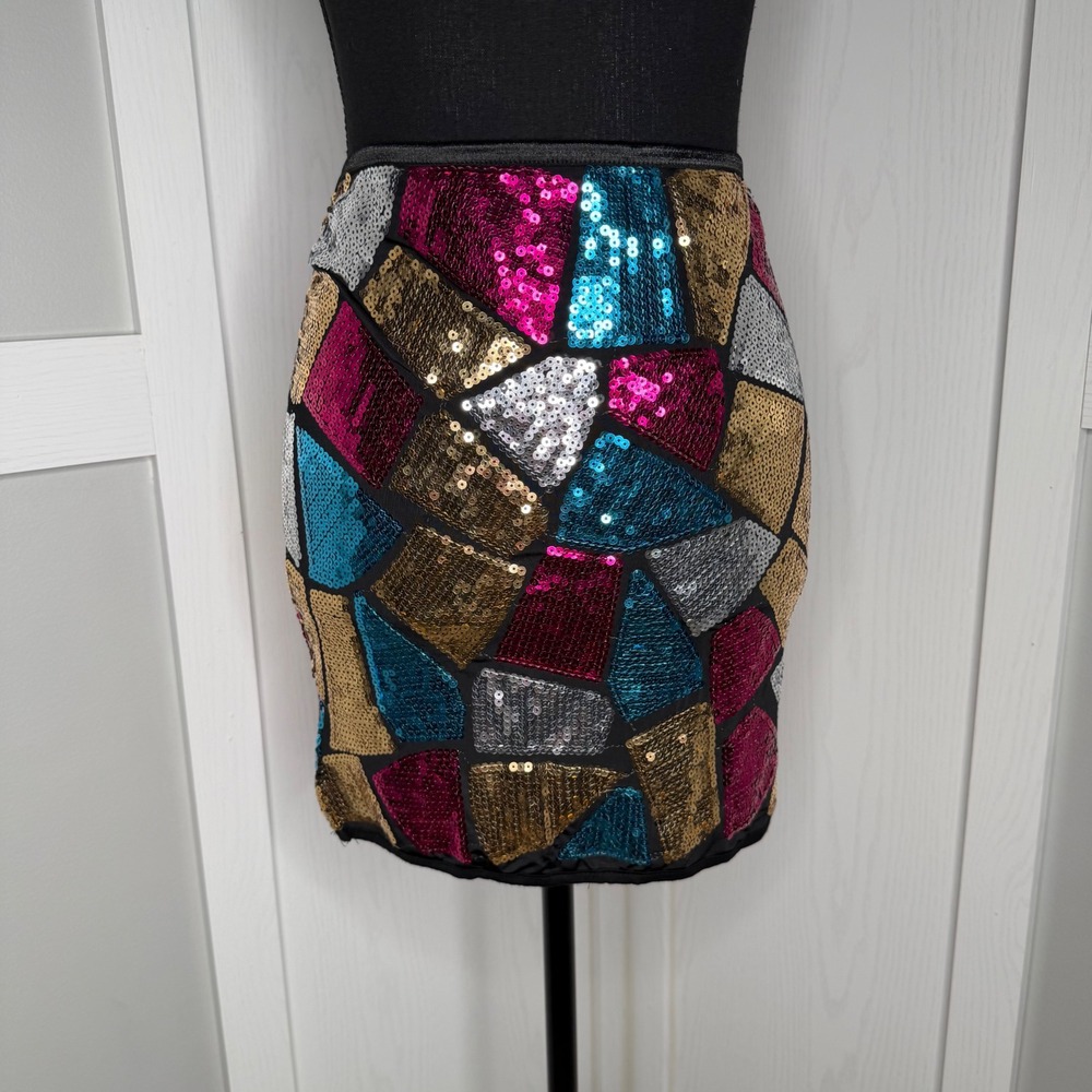 Esti Couture Sequin Mini Skirt Women Large Multi Color Geometric Mosaic Stretch